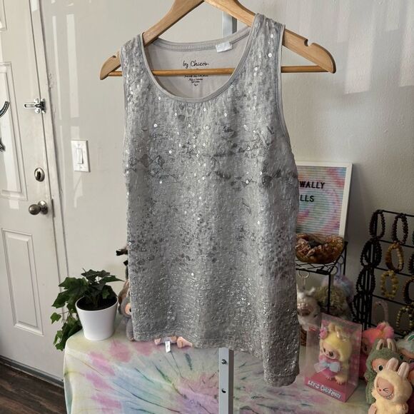 CHICOS small Silver reflective Sleeveless Top embellished holiday layering - Picture 3 of 7